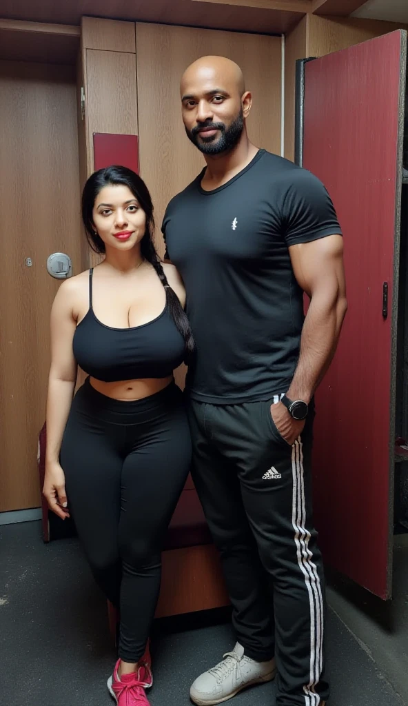 Sexy indian married couple, brown man with short hair tall, fat, woman with long hair perfect body, big breasts, big hips, big ass, couple, man and woman, front pose, detailed. Woman wearing Bikini, man wearing black t shirt and yoga pants