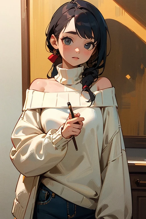 ((best quality)), ((masterpiece)), (detailed),  1girl , off-shoulder sweater, exposes her charming body, by opening as her sweater