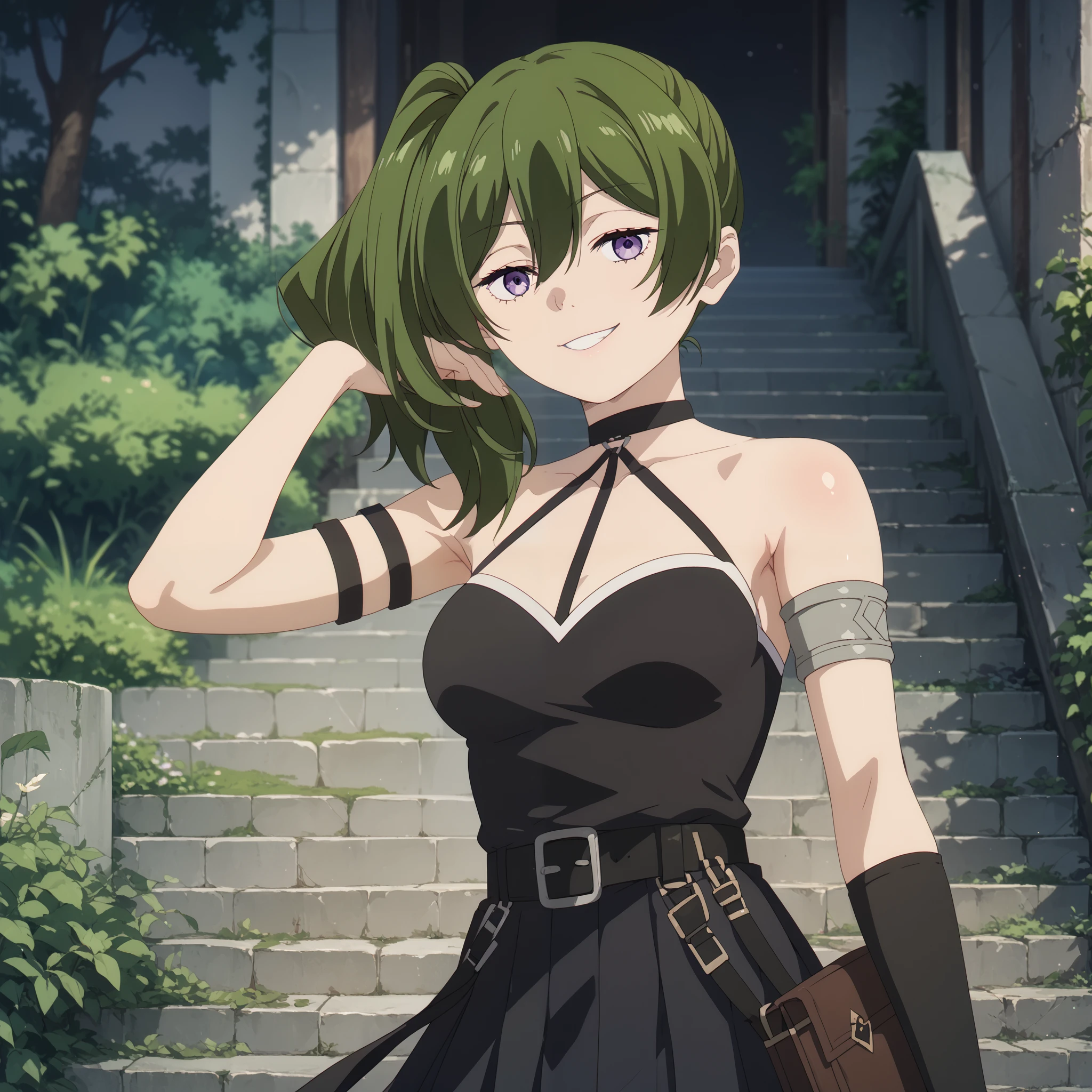 ubel, medium hair, hair between eyes, green hair, side right ponytail, purple eyes, medium breasts, skirt, gloves, dress, bare shoulders, pleated skirt, sleeveless, black gloves, elbow gloves, belt, miniskirt, black skirt, black dress, thigh strap, sleeveless dress, halterneck, armband, single glove, black belt, pleated dress, arm strap, glossy skin, glistening skin, looking at viewer, Tempting body, upper body, smirk on her face, showing armpits