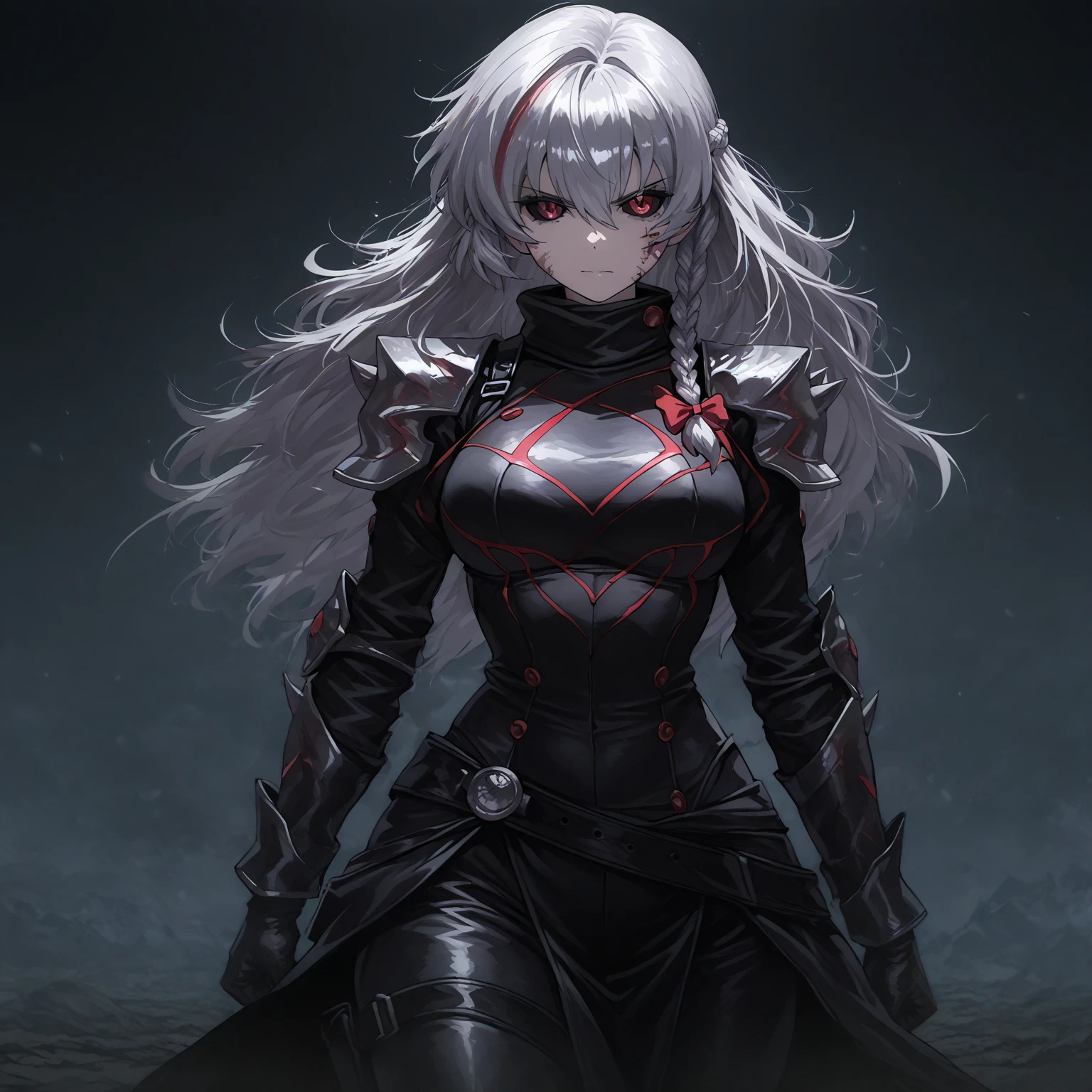 1girl, dark silver hair, black sclera, red eyes, cowboy shot, masterpiece, best quality, amazing quality, very aesthetic, absurdres, newest, masterpiece, best quality, absurdres