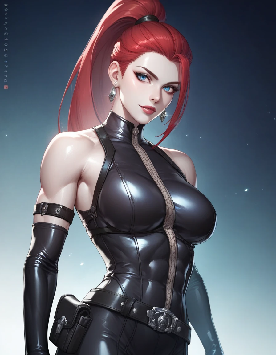 a woman with red lipstick has armor on and is holding a sword, kirijou mitsuru, 1girl, solo, hair over one eye, long hair, (((red hair))), (((red eyes))), weapon, rapier, sword, bodysuit, black bodysuit, grey bodysuit, hand on hip, (((large breasts))), simple background, white background, (purple theme:1.2)