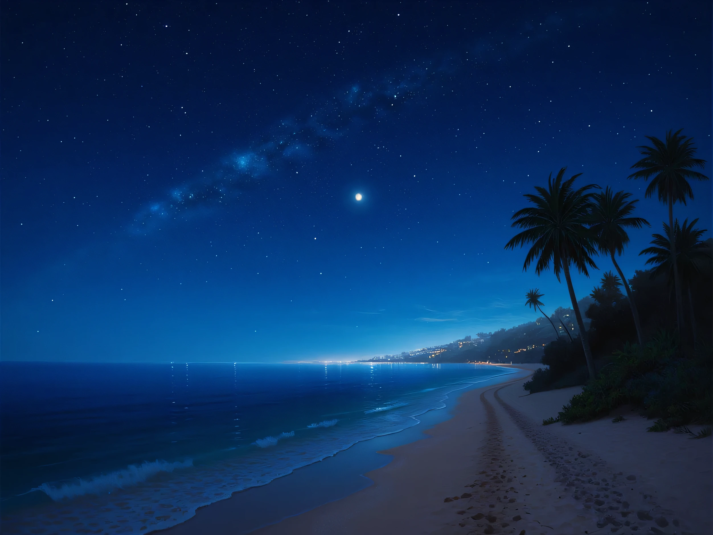 (Sea with twinkling city lights in the distance), (Sandy beach), Midnight, (Milky Way), Starlight, (Starry sky), Shining stars, Palm trees, Under, Relaxation, Best quality, High quality, High resolution, Very detailed, (Masterpiece), Detailed and dark sky, Wide view, No people, Depth of field,