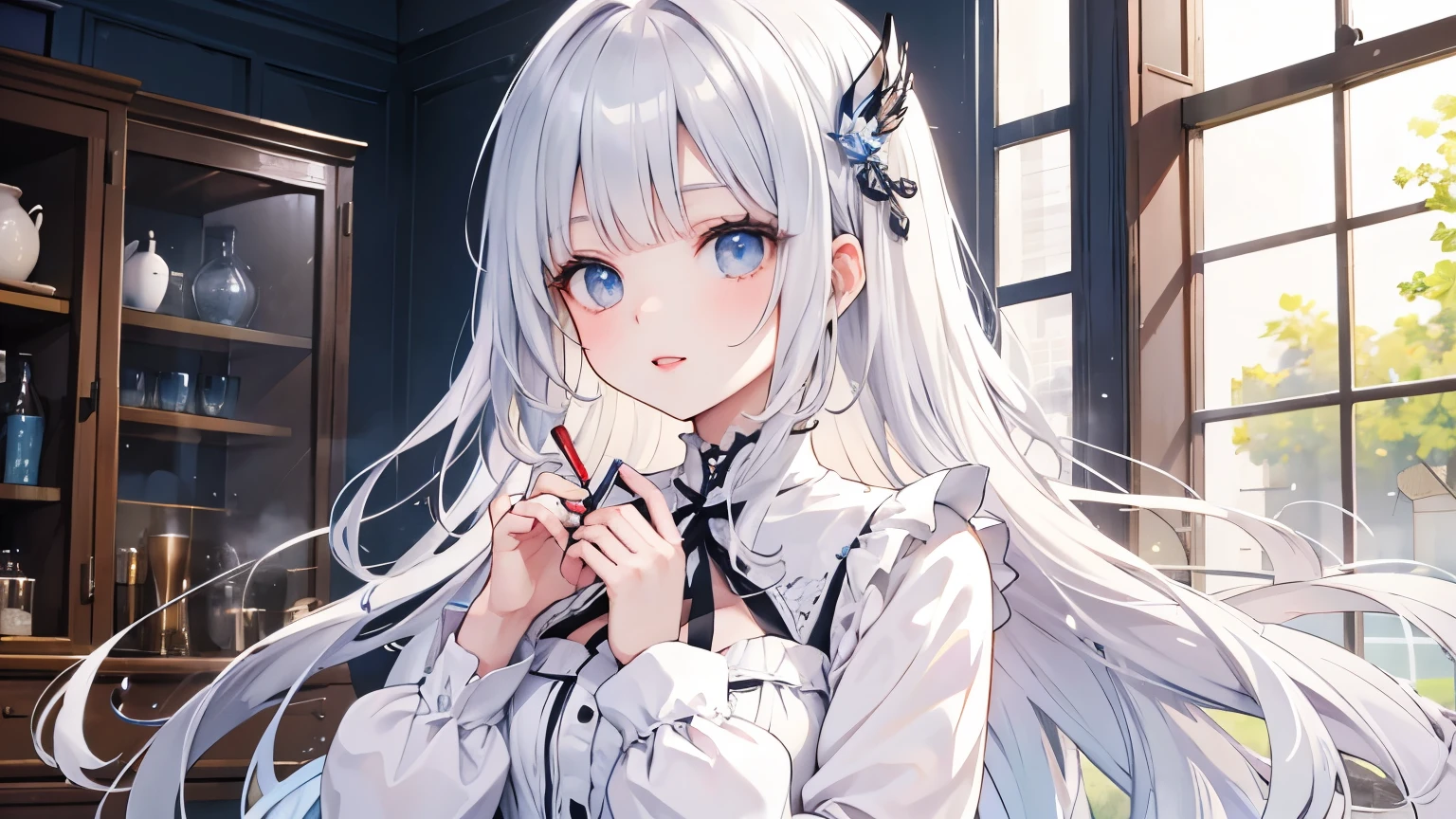 Beautiful woman wearing a white long sleeve puff sleeve dress with lots of ruffles　Silver long bob hair with hair ornament　upper body　lipstick