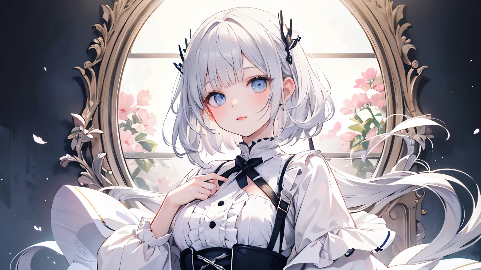 Beautiful woman wearing a white long sleeve puff sleeve dress with lots of ruffles　Silver long bob hair with hair ornament　upper body　lipstick
