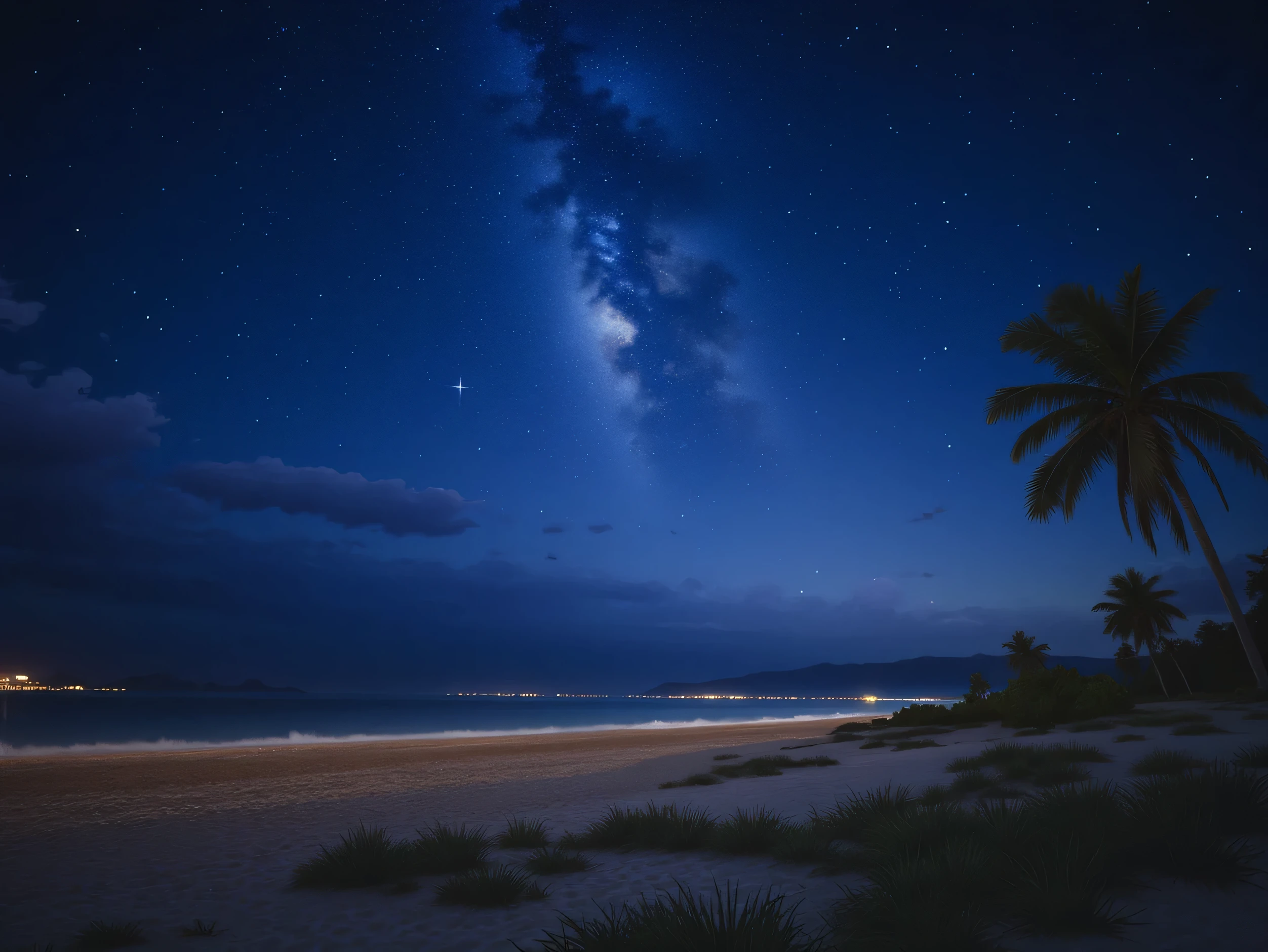 (Sea with twinkling city lights in the distance), (Sandy beach), Midnight, (Milky Way), Starlight, (Starry sky), Shining stars, Palm trees, Under, Relaxation, Best quality, High quality, High resolution, Very detailed, (Masterpiece), Detailed and dark sky, Wide view, No people, Depth of field,