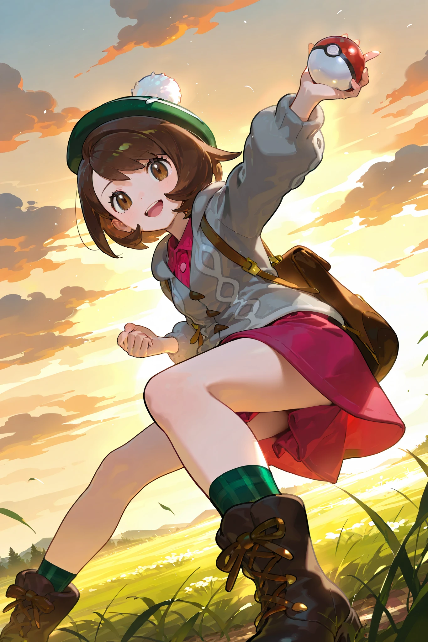 masterpiece, best quality, highres, gloria1, 1girl, gloria \(pokemon\), poke ball \(basic\), brown hair, solo, holding poke ball, backpack, brown eyes, tam o' shanter, grey cardigan, pink dress, short hair, green socks, socks, brown bag, bob cut, bangs, long sleeves, collared dress, field, grass,cowboy shot, boots,smile,dynamic pose,looking at viewer,open mouth,dynamic angle