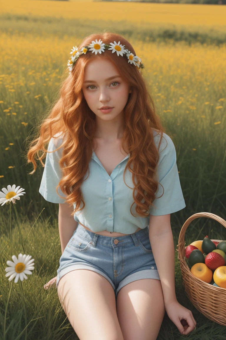 (girl:1.2),alone, (long ginger curly red hair:1.1), blue eyes, Wearing a daisy wreath on your head, Sit in a daisy field, (fruit basket:1.1), blue shorts, red shirt,,raw,photographic,photo shadows,actual,Ridiculous,Aesthetic,elegant
