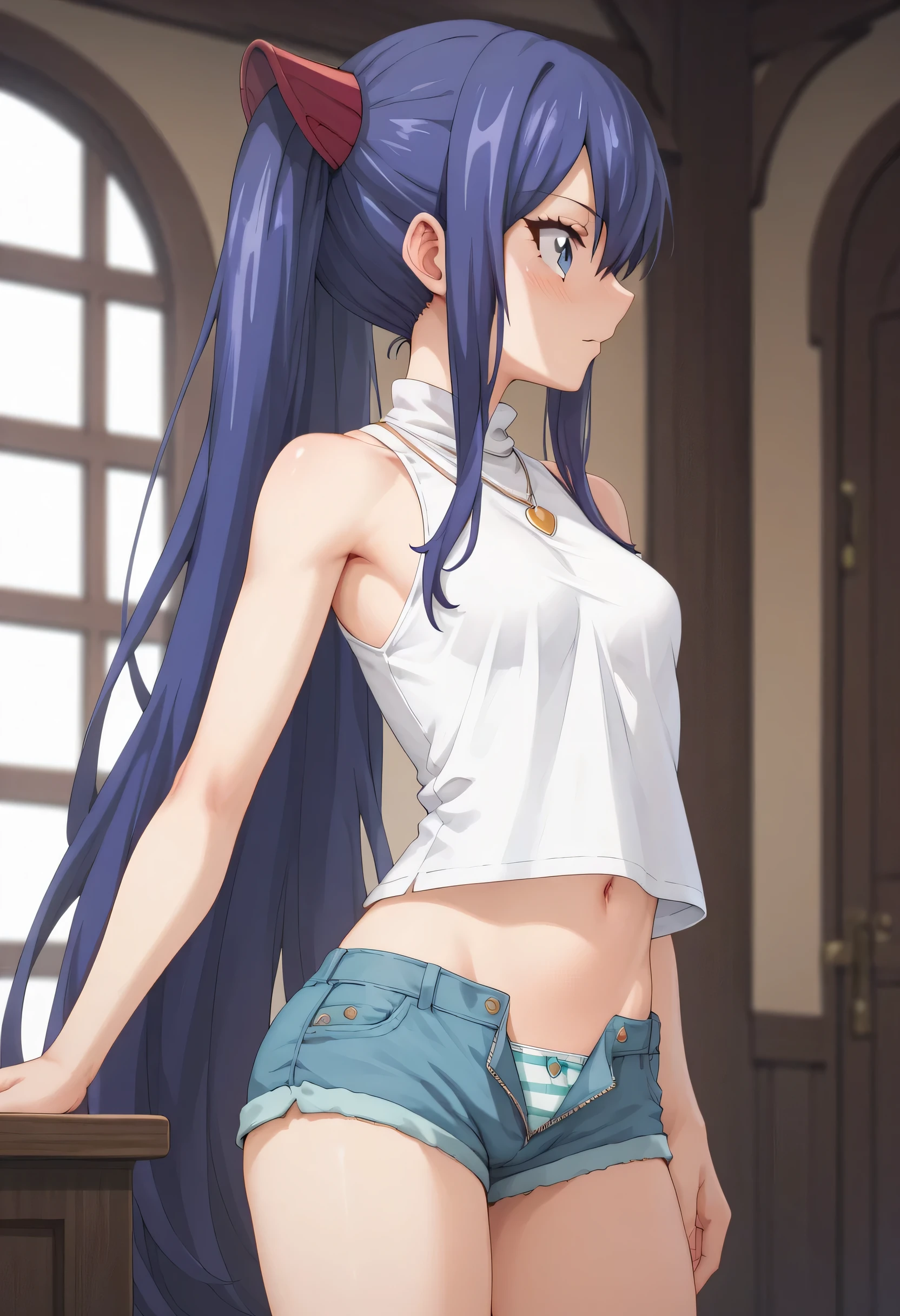 An image of Wendy Marvell with a sensual face standing blushed with flat breasts. With a sleeveless white turtleneck blouse with a short shorts with an open zip showing the panties standing in a room, profile view