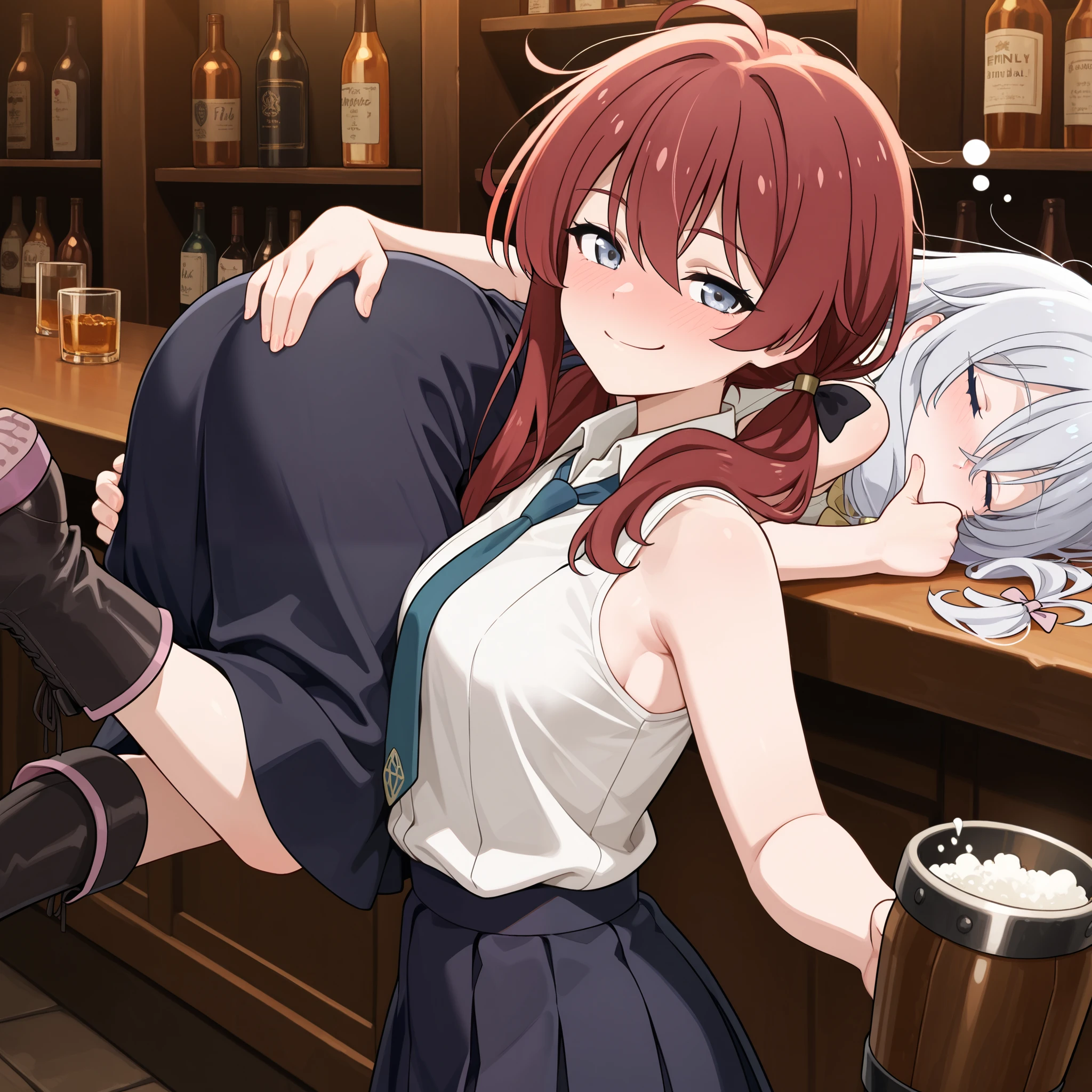 (masterpiece:1.2, Best Quality), (finely detailed beautiful eye: 1.2), (beautiful detailed face), (masterpiece:1.2, Best Quality), (finely detailed beautiful eye: 1.2), (beautiful detailed face),drunk, from side, thumbs up, 2girls, carrying, carrying over shoulder, sleeping, character: long low twin tails, gray eyes, messy hair, dark red hair, long swept bangs, sleeveless halter neck white collared shirt, dark blue necktie, dark blue skirt,hair ribbons, character: Elaina (Majo no Tabitabi), black combat boots, carrying, carrying over shoulder, bar background,