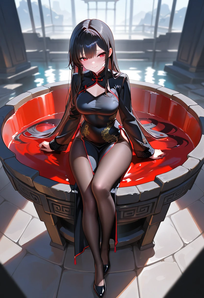 bbyorf, short hair with long locks, white hairband, red eyes, gold earrings, fire, 1girl, breasts, sitting, barefoot, cleavage, mole, anklet, large_breasts, bracelet, water, bare_shoulders, looking_at_viewer, detached_sleeves, sky, wide_sleeves, dress, cloud, feet, makeup, crossed_legs, ribbon, earrings, lips, burning, solo, black_dress, mole_under_mouth, outdoors, flame, magic, thighs, mole_on_breast, legs, glow effects, godrays, Hand drawn, render, 8k, octane render, cinema 4d, blender, dark, atmospheric 4k ultra detailed, cinematic, Sharp focus, big depth of field, Masterpiece, colors, 3d octane render, 4k, concept art, trending on artstation, hyperrealistic, Vivid colors, extremely detailed CG unity 8k wallpaper, trending on CGSociety, Intricate, High Detail, dramatic,