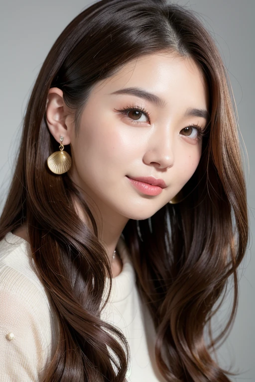 Taken in front of the white door、(8k、RAW photo、highest quality、masterpiece:1.2)、High-definition RAW color photo、professional photos、(realistic、フォトrealistic:1.37)、Photographed in natural light、1 girl、laughter、(Various poses)、squat、squat、break (ombre:1.3) 、Winter clothes、 necklace、(pastel colored clothes)、(Beautiful profile:1.3)、look at camera、profile、korean style one hong hair、((brown hair)、long hair、Eye color dark brown、(Beautiful profile:1.3)、correct hand of human body、simple earrings