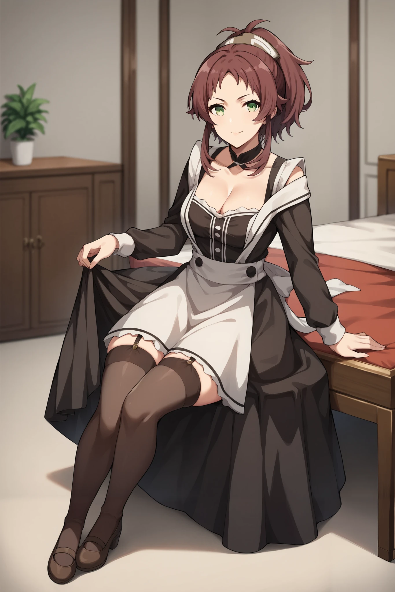 score_9, score_8_up, score_7_up, source_anime,
1girl, full body, looking at viewer,
indoors, aisha_greyrat, yellow green eyes, brown hair, ponytail, sidelocks, bangs, long hair,
maid outfit, off-shoulder dress, tight skirt, thighhighs, garter straps, cleavage, elegant yet sexy, detailed clothing, mature female,
slender waist, curvy hips, larger bust, soft skin, defined collarbone, feminine figure, confident pose, seductive expression, slight smirk, alluring gaze, adult aura