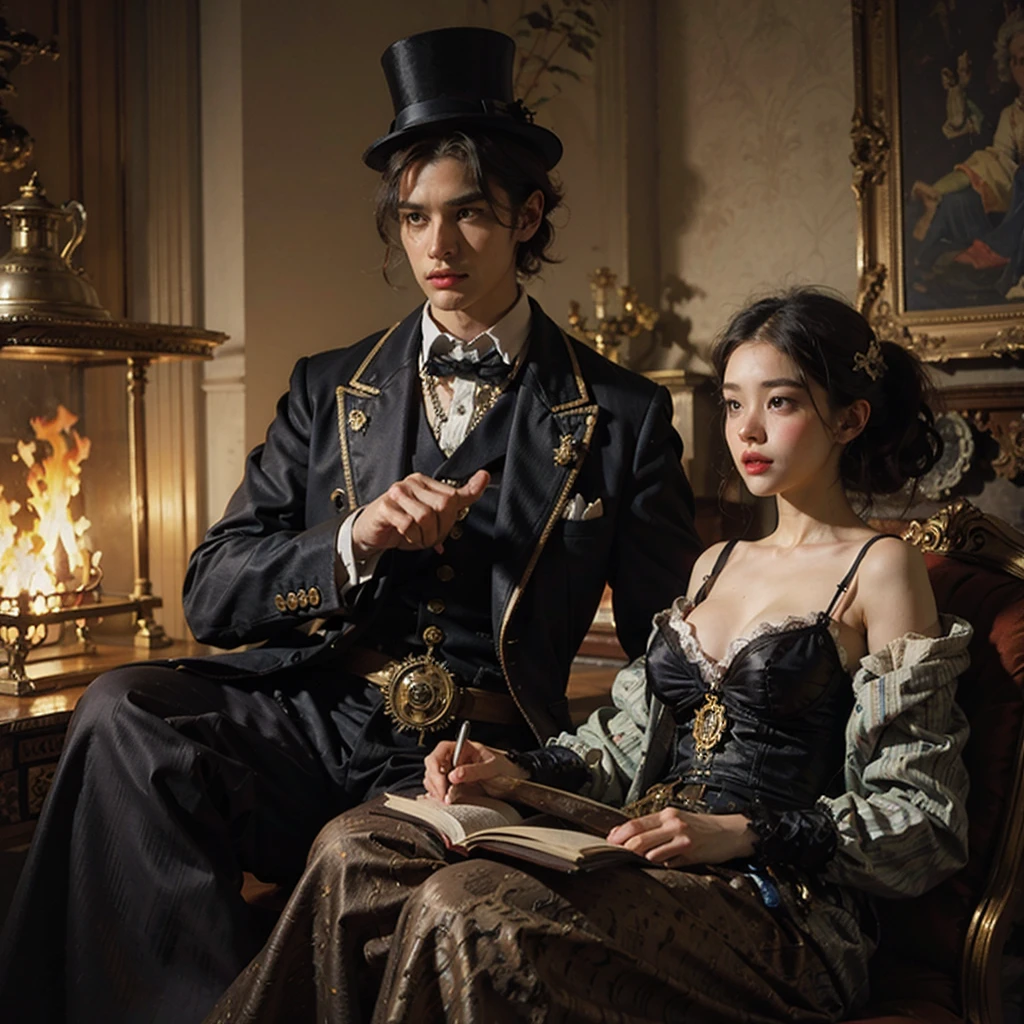 "Steampunk girl with cat robot companion, Relax in a candlelit room, Eye contact with viewers, Shot at wide angle."