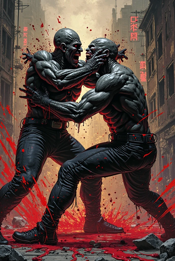 an illustration by Milo Manara of a woman punching a man in the face,  [beautiful | angry] thin woman with short red hair and bangs wearing a black jacket and t-shirt and black jeans in a fighting pose, a bald man dressed in a dapper suit with a [bruised | bloodied] mouth just after getting punched in the face, woman's fist smashing into man's face, cyberpunk vibe, street background, night, city lights, dramatic perspective, closed fists, angry, violent, fight, street fight, man's mouth spitting blood, man losing fight,  <lora:last:1>