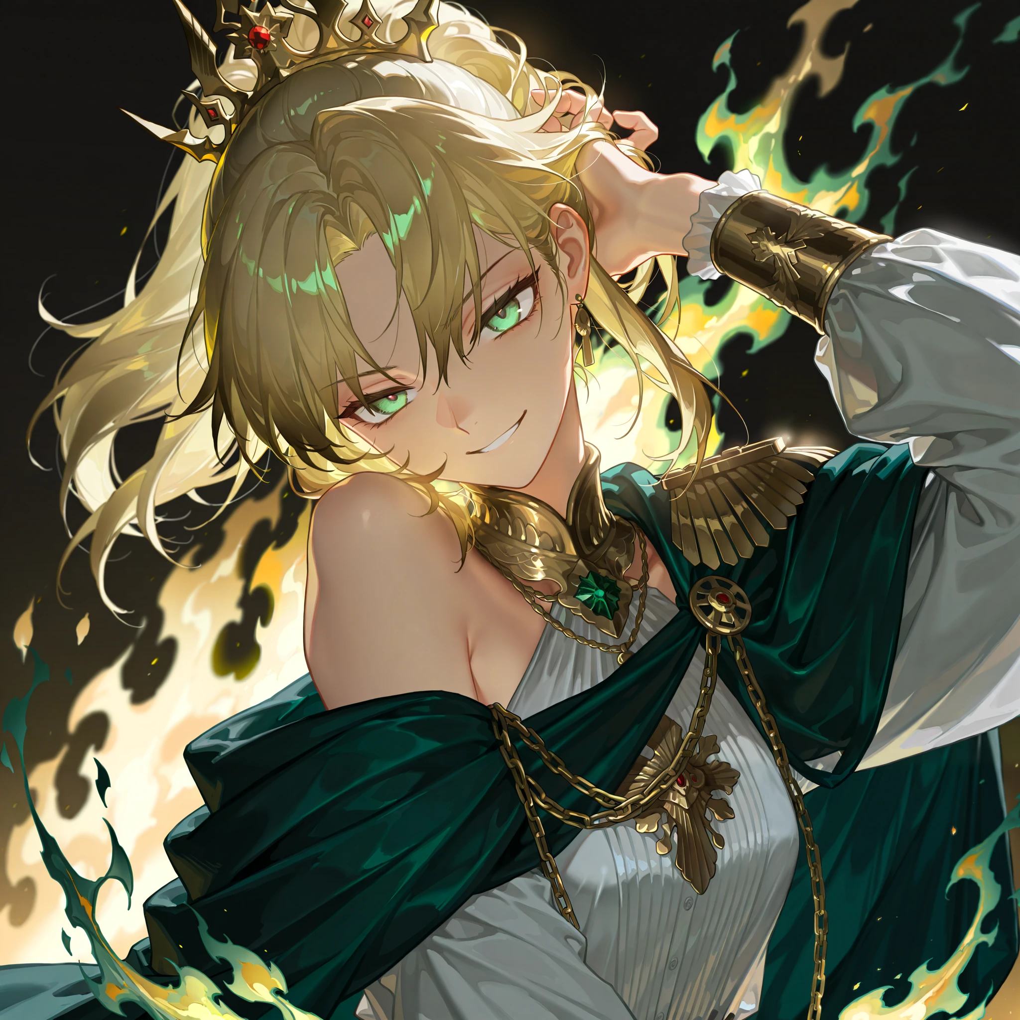 by [arknights|(748cmstyle:0.5)], mature, young adult, masterpiece, best quality, amazing quality, very aesthetic, high resolution, ultra-detailed, absurdres,
1girl, woman, solo, alone,(dynamic pose, half-frontal shot, upper body focus, medium shot:1.2), (mordred:0.33), blonde hair, emerald green eyes, long ponytail, smirk, royalty, hand in her hair, head tilt, "Haah?" expression, arrogance, arrogant expression, renaissance uniform, black and white clothes, gold shoulder cape, one shoulder shirt, (green flames, golden flames:1.2), chain lightning, royal paladin, valkyrie crown,
BREAK, depth of field, volumetric lighting
 