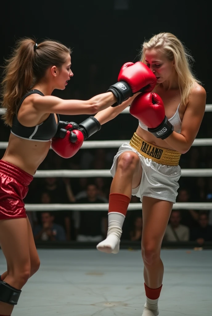 300 women fighting, Sweat running, wet body, intense fighting, (View from below), SFW, a crowd of women fighting on a boxe ring. motiontrail