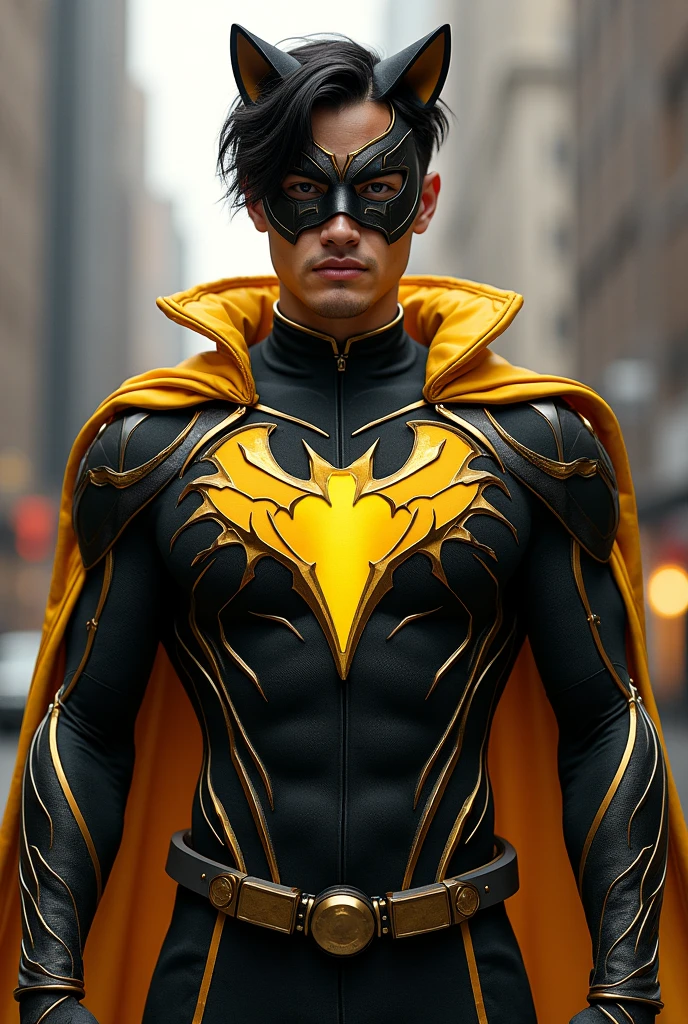 A young man who is a Marvel superhero, his suit is black and yellow leopard and he has a mask.