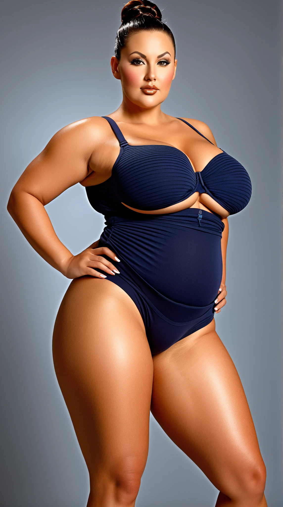 ((Best Quality, 8K, Masterpiece: 1.3)), Chubby woman smile ((best quality)), ((masterpiece)), (detailed), perfect face, USA woman fat in a dark-blue shirt and blue denim skirt walking down a street, thicc, she has a jiggly fat round belly, bbwchan, wearing tight sexy clothes, skinny waist and thick hips, widest hips, her belly is fat and round, soft curvy shape, hyperrealistic full figure, wearing a cute top, wide hips, cropped shoulders,Bare belly,(big assa:0.7),show legs,, thicc, beautiful thick female, beautiful curvy female,, Tall and tall,clear curvy details, curvy hourglass figure, alluring plus sized model, bbwchan, Voluptious body, Curvy model, Curvy body, Be red in the face, 1girll fat , a matural female, A MILF, the golden ratio,(Kpop idol),(Oil skin:1.2),(Oil skin:1.1) background High quality, HD, realistic, HDR. mountain refuge in grey stone, blends into the panoramic view of the mountain, spring landscape (green and flowery), edelweiss, lake, stream that winds, sunset, cool breeze. welcome mountaineers and hikers.