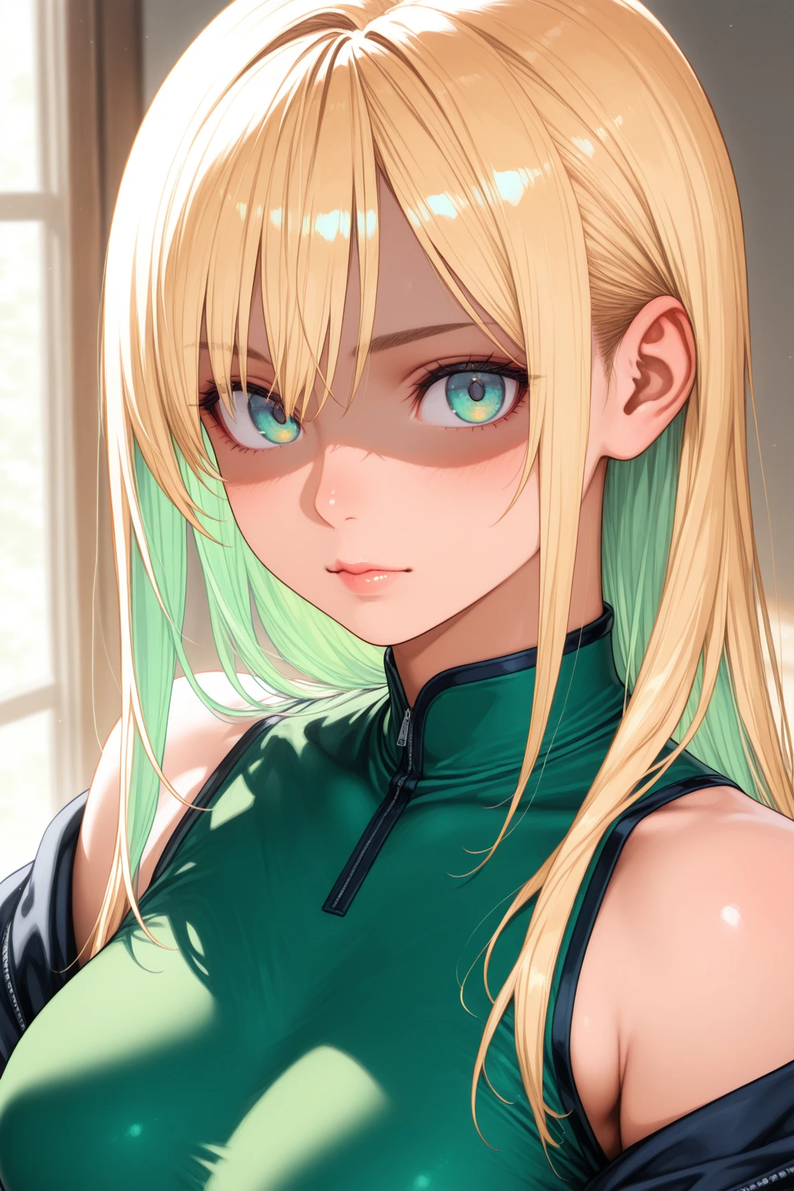 Anime girl with blonde hair and wearing a green leather jacket posing for the camera, blonde anime girl with long hair, Created by Anime Painter Studio, The finer details. Girls' Frontline, Painted in an anime artist's studio, Detailed digital anime art, Portrait of a female anime hero, Detailed portrait of an anime girl, Digital anime illustration, from Girls' Frontline, anime style like fate/Stay Night