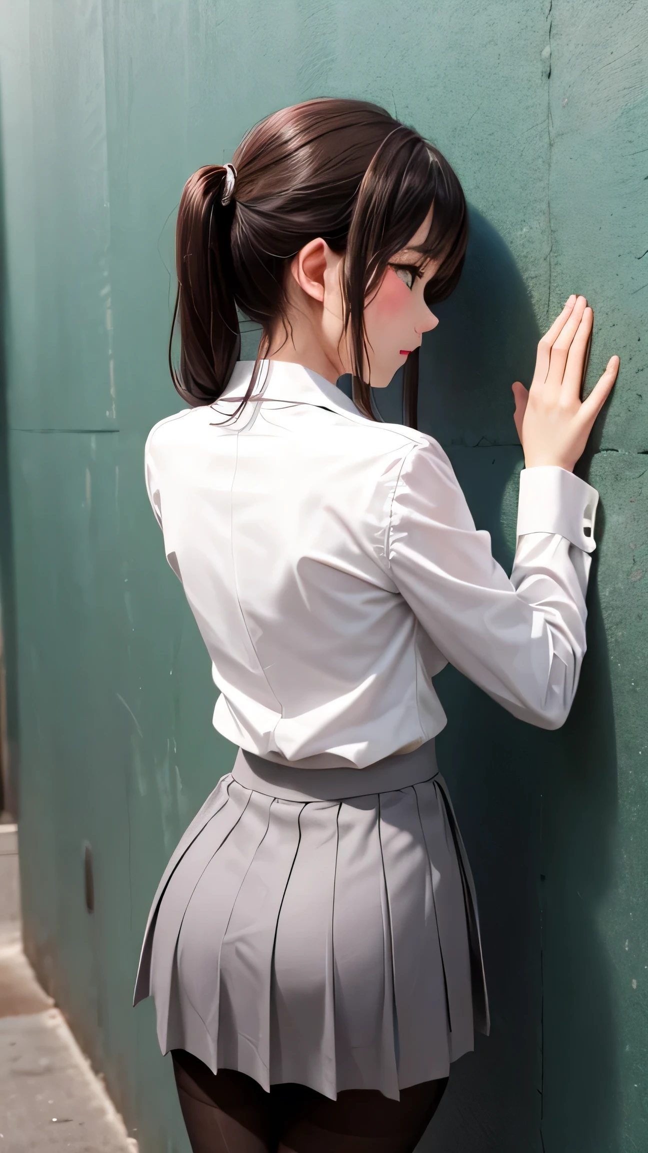 1 girl, solo, chest, blushes, shortcuts, pantyhose、white lace underwear、skirt、suit、Butt、 place your hands on the wall、skirt