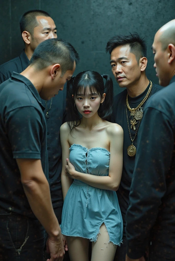 (32K:1.9, Horror expression:1.9, Highest quality, masterpiece, Ultra-high resolution), Professional random camera work, Perfect dynamic composition, Highly detailed skin and facial textures, Detailed eyes, Detailed limbs, (The Darkest Dungeon:1.3), cute, Sexy and slim Japanese woman:1.2, Fair skin, Tilt your head, (5 Zombies:1.7, Zombie touching a woman:2.0, Raindrops falling from the ceiling:1.5), (Breasts so big that they almost burst, areola is not visible, Big cleavage, A look of despair:1.3, Expression of despair:1.3, Totally captivates you, Pure white camisole dress:1.5), Beautiful Blue Eyes, Beautiful erotic eyes, Sexy Face, blush, Beautiful sensual atmosphere, ((Bloody:2.0, Covered in bruises:2.0, Bruises on the face:2.0, Lots of big chains:1.9, Crucified:1.9, Countless chains tangled in clothes:1.9, His right arm is attached to a cross:1.9, The left arm is attached to a cross:1.9, Both hands are chained、Tied tightly to the cross, The right leg is bound with a shackle and chain:1.9, The left leg is bound with a shackle and chain:1.9)), (Too erotic)