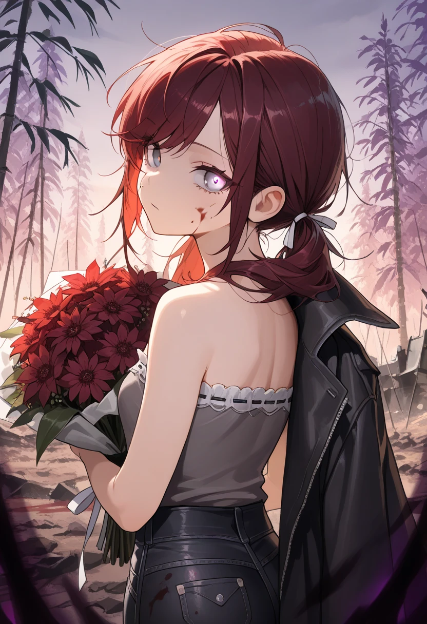 (masterpiece:1.2, Best Quality), (finely detailed beautiful eye: 1.2), (beautiful detailed face), (masterpiece:1.2, Best Quality), (finely detailed beautiful eye: 1.2), (beautiful detailed face), solo, close up,looking back, dark aura, dark energy, bristly hair, glowing eyes, dark aura, shadowy aura, upper body, thin girl, holding bouquet of purple flowers, expressionless, :l, Gray eyes, lifeless eyes, blood on face, blood on clothes, head tilt, dark red hair, swept bangs, low twin tails, white ribbons, strapless sleeveless shirt, gray shirt, shirt with white trim, frill trim, black coat worn over shoulders, black jeans, black nails, thin thighs, thin legs, dusk, willow tree leaves, close up, messy hair, stoic, shadowy aura, battlefield, s, comic strip,
