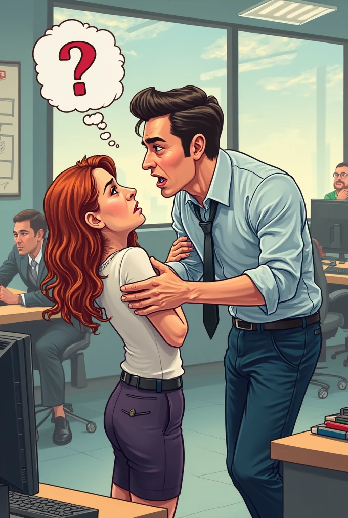 The man in his 55s with black very short hair and smooth face with moustache. The woman in her 55s with brown long wavy hair. In the retro office. Night, dark, dim. The man is wearing unbuttoned light blue shirt. The woman is wearing floral red dress. Doggy sex. The woman is moaning. Orgasm. Passion. Erotic. Ultra realistic.