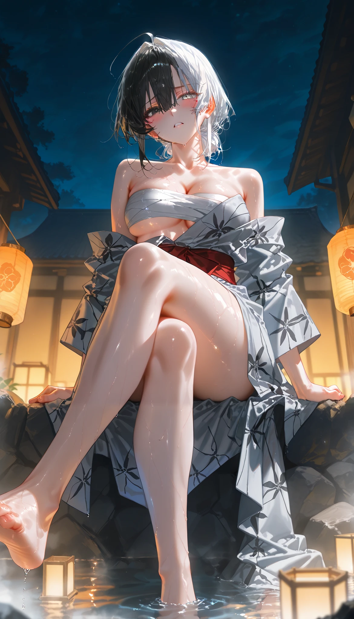 a girl, sexually suggestive, sitting, full color, Long white hair, Green eyes ，full body, Eyeliner, Red, open air, Rose, night, ruins, Butterfly，mine same as the original, mine, , (:1.2) rest, (cheongsam), (view from below), (place one's arms behind one's back), (wild lift), thin, Crotch, best quality, high resolution, unified 8k wallpaper, (illustration:0.8), (beautiful and delicate eyes:1.6), extremely detailed face, perfect lighting, Very detailed cg, (perfect hands, perfect anatomy), soles of feet，sitting，blond，red lips，Acting cute，((Feet close up))，completely naked，Complete feet，white，close up, ((Nude)), ((naked)),  ((beautiful feet, toes)), ((fully naked, no clothes)), ((luscious feet)), ((no clothes)).