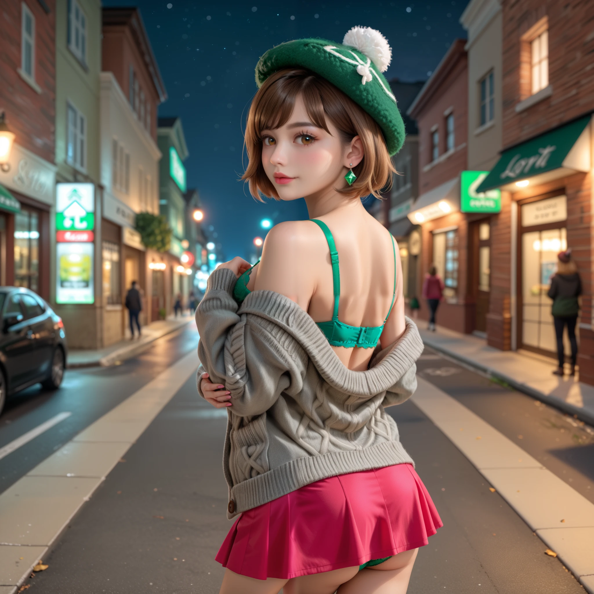 score_9, Gloria, light brown eyes, green wool hat, green diamond earrings, gray cardigan, knitted cardigan, pink mini skirt, dark green bra, dark green panties, rear view, sexy pose, sexy expression, streets, red brick city, night, alone, realistic, high quality, detailed