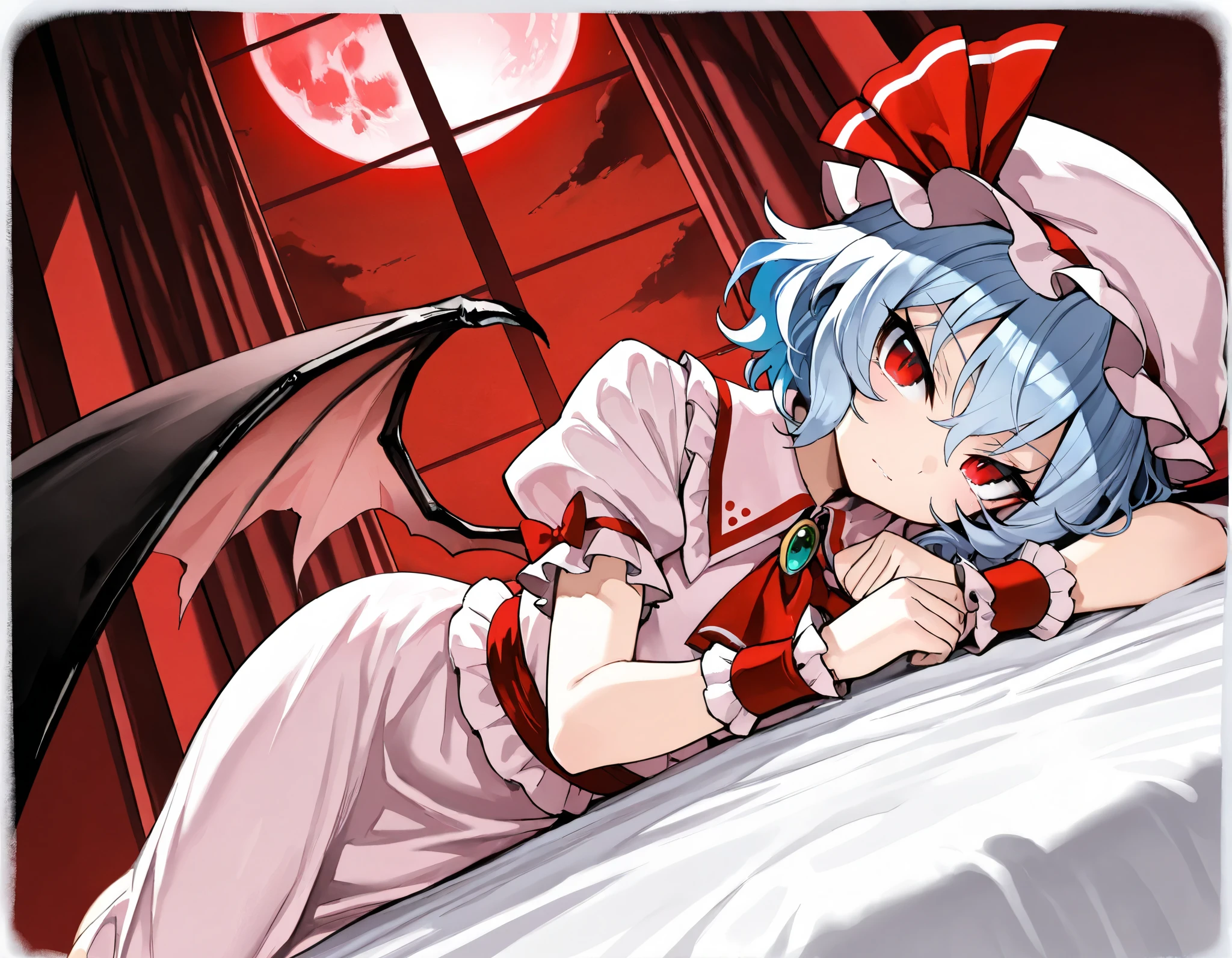 (best quality, highest quality:1.2), masterpiece, top quality, ultra high definition, rich contrasts, HD, 8k, High Definition CG Unit Wallpaper, texture, Unbelievably Absurd, ultra high definition, RAW photos, Deep border:1.2, very detailed,
1girl, solo, Diabolical, newest, highres, absurdres, highly detailed, best quality, lying, bed room,
Anime Girls, blue hair, dress, frills, hat, hat ribbon, mob cap, pink dress, puffy sleeves, red ascot, red eyes, red sash, remilia scarlet, ribbon, sash, short hair, short sleeves, white dress, wings, wrist cuffs,
red full moon, night sky, night, red moonlight, red curtain, window, indoor,