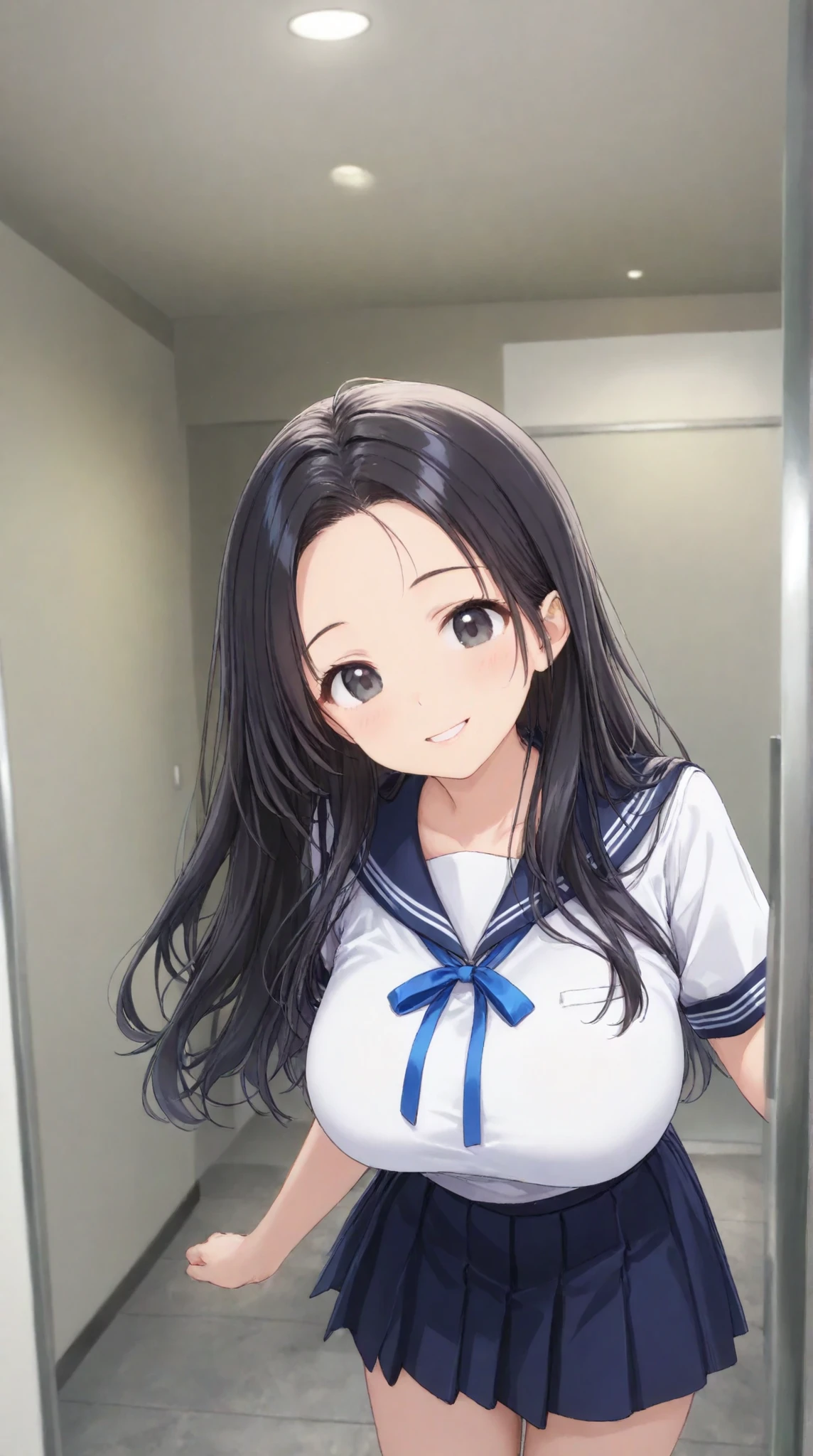 Big Breasts, 、 night、 navy blue sailor suit、 dark blue pleated skirt 、entrance、Meet and greet、long hair, black hair , bangs, , smile, , smiles, , (One girl 1.5), ( blue ribbon)、( 1.5)solo,