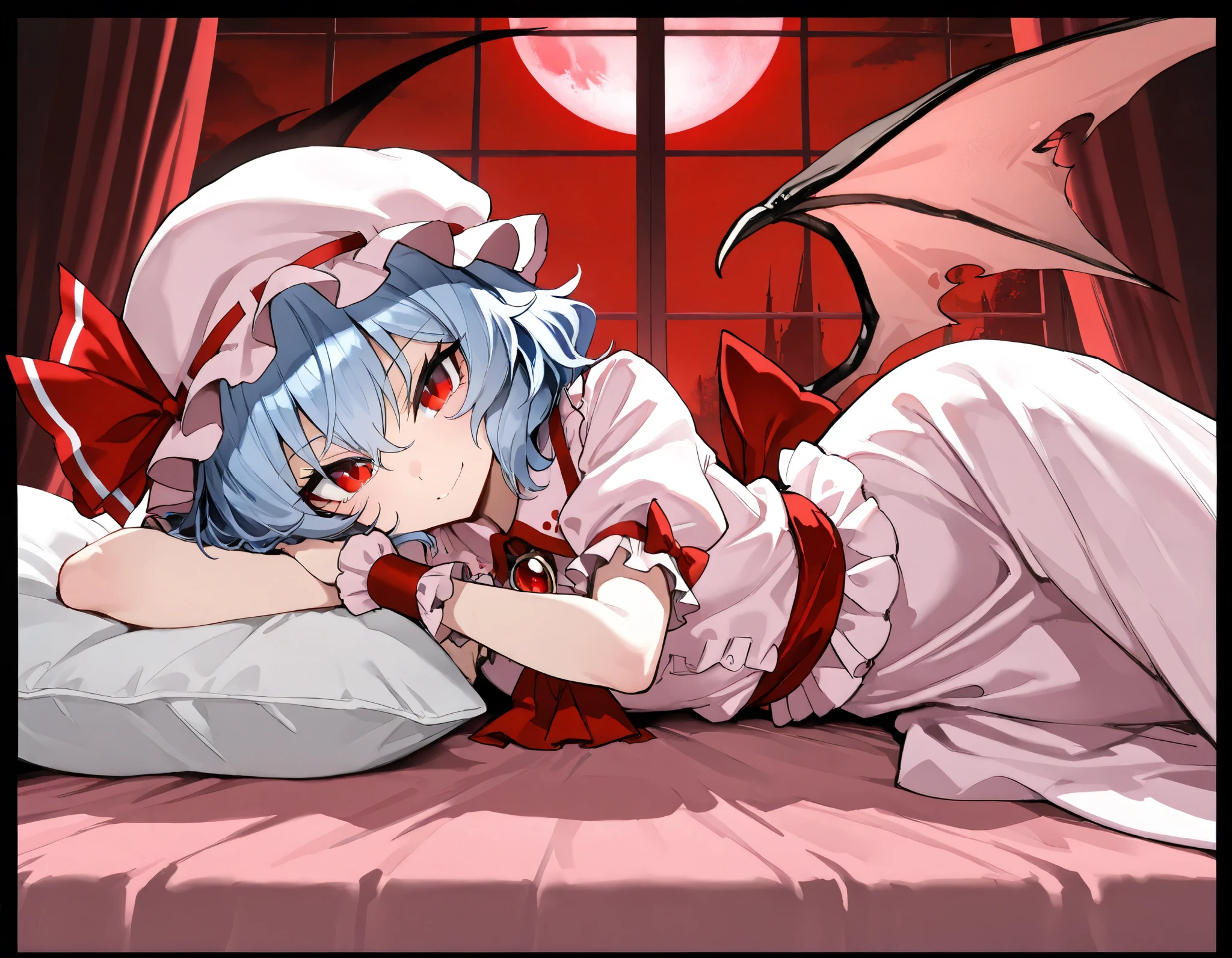(best quality, highest quality:1.2), masterpiece, top quality, ultra high definition, rich contrasts, HD, 8k, High Definition CG Unit Wallpaper, texture, Unbelievably Absurd, ultra high definition, RAW photos, Deep border:1.2, very detailed,
1girl, solo, Diabolical, newest, highres, absurdres, highly detailed, best quality, lying, bed room,
Anime Girls, blue hair, dress, frills, hat, hat ribbon, mob cap, pink dress, puffy sleeves, red ascot, red eyes, red sash, remilia scarlet, ribbon, sash, short hair, short sleeves, white dress, wings, wrist cuffs,
red full moon, night sky, night, red moonlight, red curtain, window, indoor,