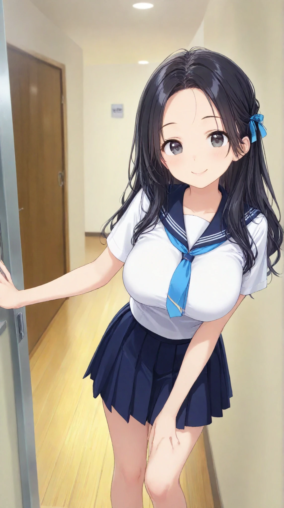 Big Breasts,    、  night、 navy blue sailor suit、 dark blue pleated skirt 、entrance、Meet and greet、long hair,   black hair , bangs,    ,  smile,  ,  smiles,   , （One girl 1.5）, （ blue ribbon）、（ 1.5）solo, 