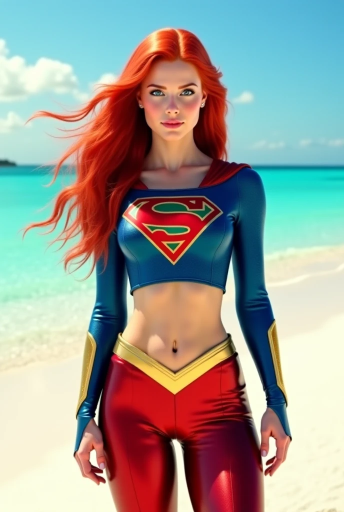 1girl in, age13, Solo, teenager, Aesthetic artwork, irish redhead, curly ginger hair, shoulder length ginger hair, some small freckles, pale skin, small breasts, runners body, imperfect skin, goosebumps, wearing Supergirl costume, DC costume Supergirl bikini, evening ocean sunset background, blury background, (action shot, crawling, 1.25), (extremely detailed 8k wallpaper), (hard lighting), high quality, film grain, Fujifilm XT3 sharp focus, f 5.6, 50mm, High Detail, Sharp focus, (natural light), crazy details, complex details, hyperdetailed