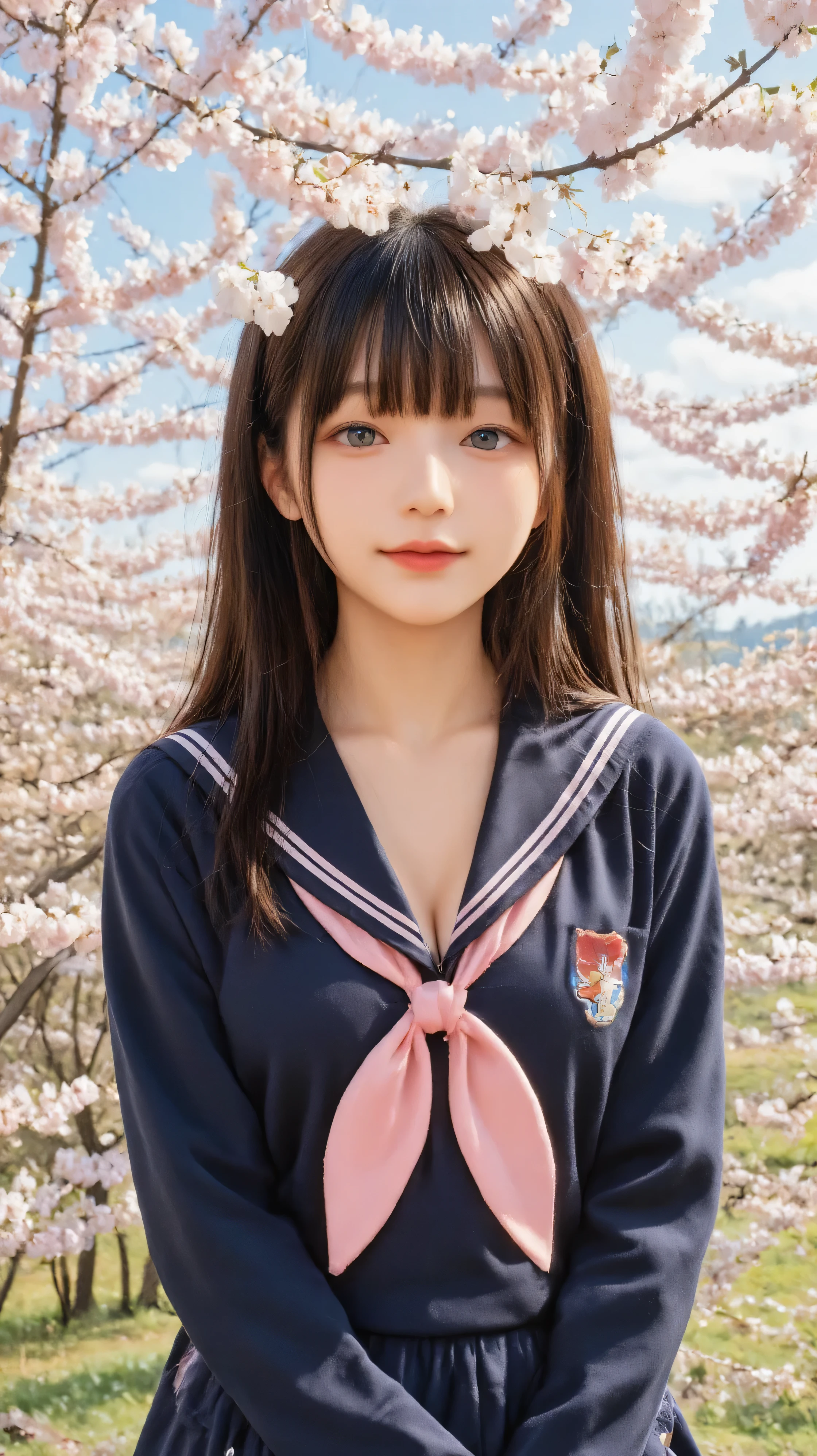 (full_body_shot:2), (8k, RAW photography:2), (masterpiece:1.8), (realistic:1.8), (photorealistic:1.8), professional lighting, (highly detailed:1.7), (deliberate expression:1.5), (The girl is wearing a navy blue long-sleeved sailor suits with pink lines.), (Regular length sailor suit:2), (A single deep pink scarf is wrapped around the sailor suit:1.8), (Navy blue short skirt with pink lines:2), (White socks:2), (black Leather shoes:2), (well-proportioned body:1.5), (long legs:1.7), (small head:1.6), (large breasts:1.4), (Shiny long black hair:1.5), (straight bangs:1.4), (Pink lips:1.4), (long eyelashes:1.2), (girl standing under a cherry blossom tree in full bloom:1.6), (Profile shot taken from a distance:2), (Full body view from the side:2), (sideways angle:1.6), (Girl gazing into the distance:2), (Girl looking at the distant sky:2), (Side view of a girl:2), (perfect side angle:2), (camera at 90 degrees from front:1.7), (hair flowing in wind:1.3), (Looking into the distance:2), (sideways pose:1.7), (profile view:1.8), (high school girl in side view:1.6), (complete side profile:1.6), (against large cherry tree:1.4), (cherry blossoms in background:1.3), (Clothes that reveal the chest:1.6), (not wearing a shirt under her sailor suits:2), (Wear fabric color is only navy blue:1.7), (Ribbon scarf:1.3), (Sailor suit with no buttons:1.4), (Great proportions:1.4), (Tall high school girl:1.4), (She's naked underneath her sailor suits:1.4), (Girl is only wearing a sailor suits:1.4), (her neck is exposed:1.4), (Girl is not wearing any shawl, stole or muffler:1.4),