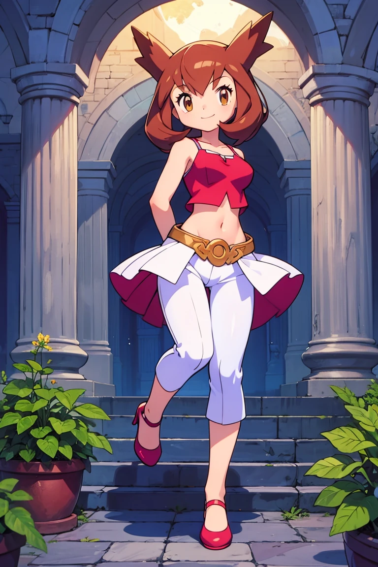 masterpiece, best quality, ultra-detailed, illustration, beautiful detailed eyes, very detailed illustration, cinematic lighting, 1 girl, solo, Pokemon Heroes (Bianca), Brown Hair, brown eyes, bare shoulders, greek clothes, peplos, armlet, see-through, arch, pillar, standing near a column, overgrown, vines, blue sky, arms behind back, smile, Close up, looking at viewers, far from the bottom
