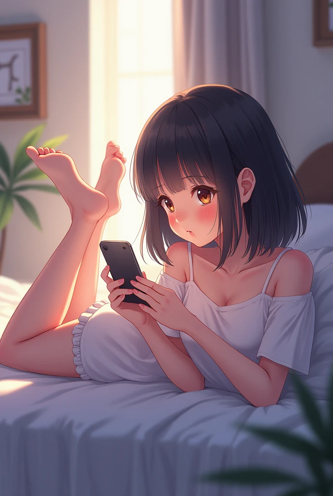 (masterpiece, best quality:1.2), perfect anime illustration of 1girl lying on bed, on stomach, watching smartphone, white panties, white crop top, bedroom, morning, sunlight, best shadows, best lighting, absurdres, trending on artstation