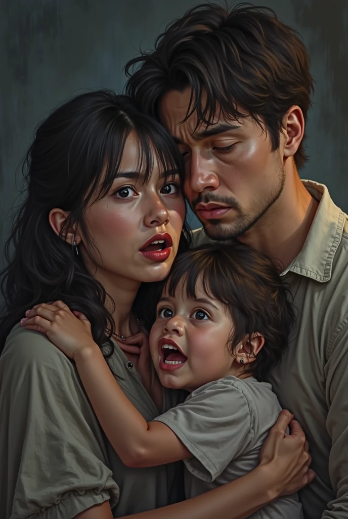 Dad with a not so white skin color crying as well as the mother ,beside them their child is also crying