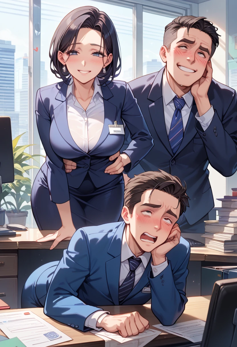 1girl,(long face),(id card),(masterpiece:1.2), (best quality:1.2), heavy breathing,perfect eyes,perfect face, perfect lighting, plump, medium breasts, business suit, dark brown hair,earrings, ring,skirt lift, dress lift, office, detailed background, <lora:milfWeightEdit_v1:1>, blush, embarrassed, <hypernet:incaseStyle_incaseAnythingV3:0.7>, 2boy, penis, white male ,under table, pov, stealth fellatio, table, desk <lora:underTableStealth_v1:0.6><lora:hugeAssAndBoobs_v1:0><hypernet:bad-artist-anime:0>