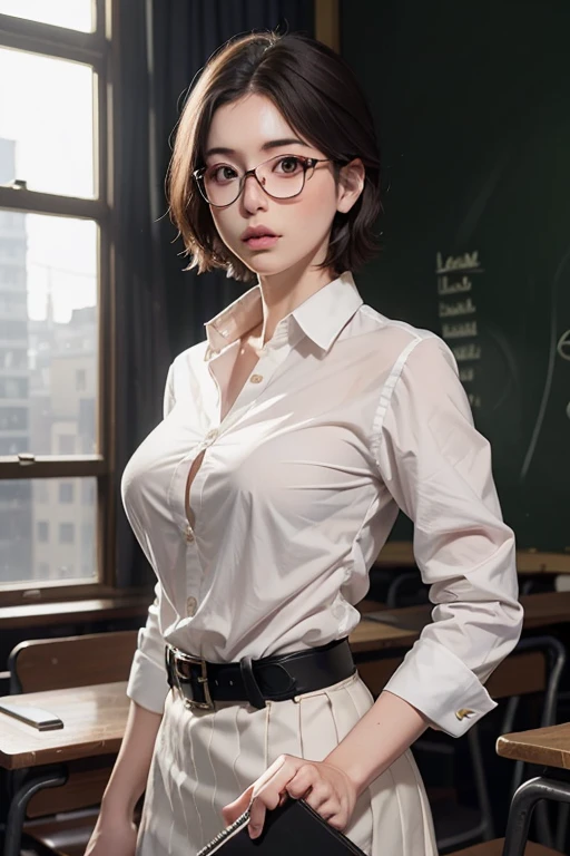 (masterpiece, best quality: 1.4), yoru(chainsaw man),(very detailed face, real image, realistic skin, realistic body, intricate details), red eyes (intimidating look), light blush, social clothing, semi-open button-up shirt (White), white bra, Skirt (black), black belt with buckle, short hair, glasses, small breasts, large thighs, classroom, blackboard.
