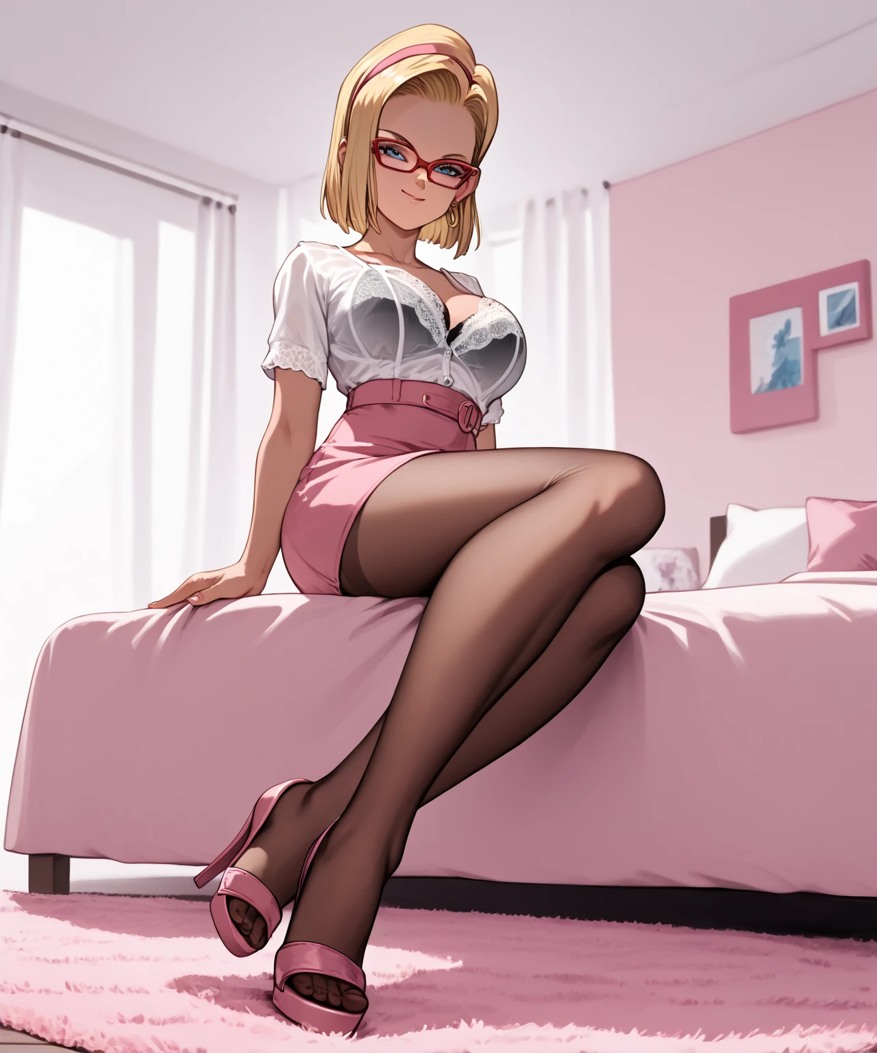 highly detailed, sitting in office chair, feet up, looking at viewer, legs spread apart, cleavage, camel toe, lace panties, grabbing own breast