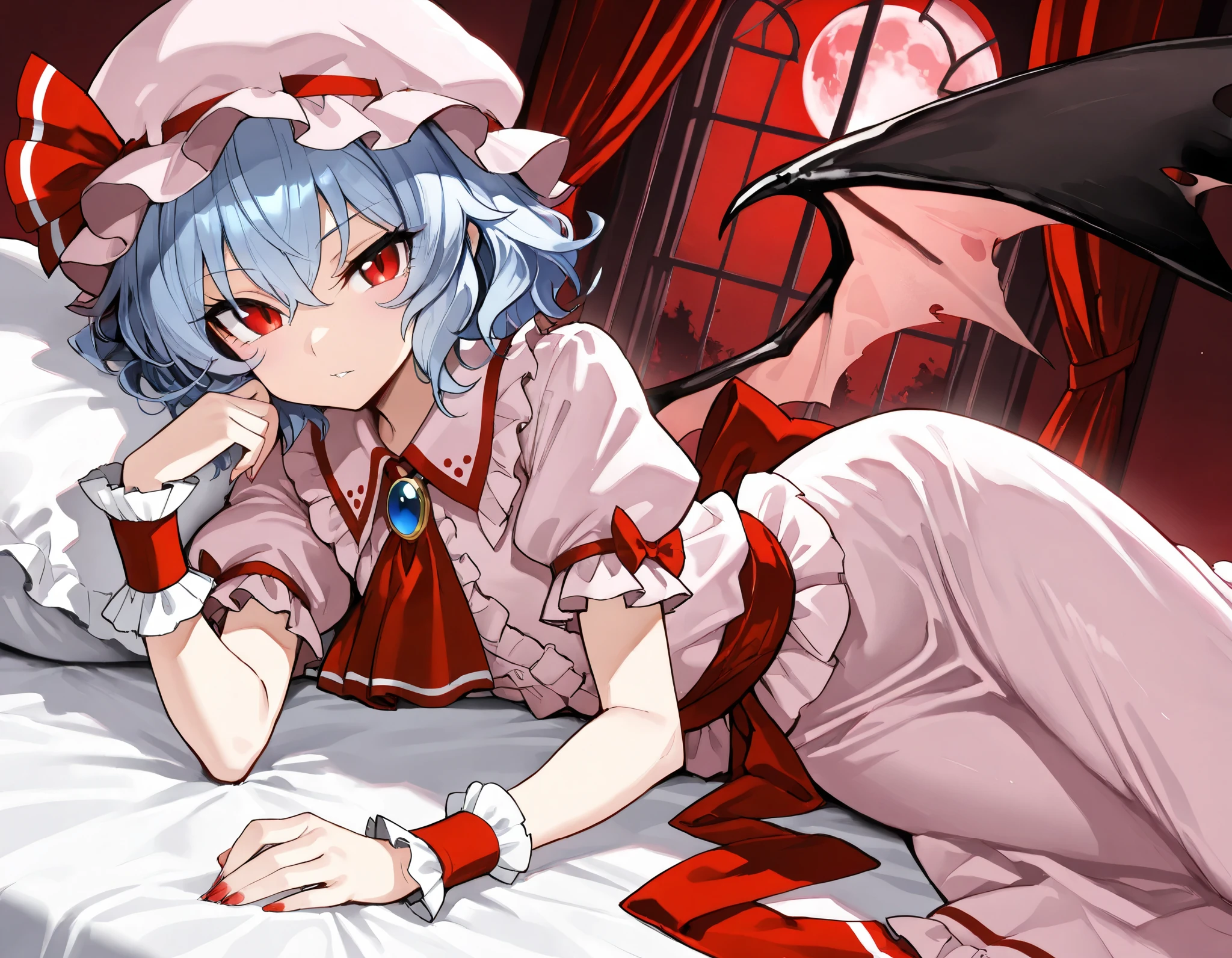 (best quality, highest quality:1.2), masterpiece, top quality, ultra high definition, rich contrasts, HD, 8k, High Definition CG Unit Wallpaper, texture, Unbelievably Absurd, ultra high definition, RAW photos, Deep border:1.2, very detailed,
1girl, solo, Diabolical, newest, highres, absurdres, highly detailed, best quality, lying, bed room,
Anime Girls, blue hair, dress, frills, hat, hat ribbon, mob cap, pink dress, puffy sleeves, red ascot, red eyes, red sash, remilia scarlet, ribbon, sash, short hair, short sleeves, white dress, wings, wrist cuffs,
red full moon, night sky, night, red moonlight, red curtain, window, indoor,
