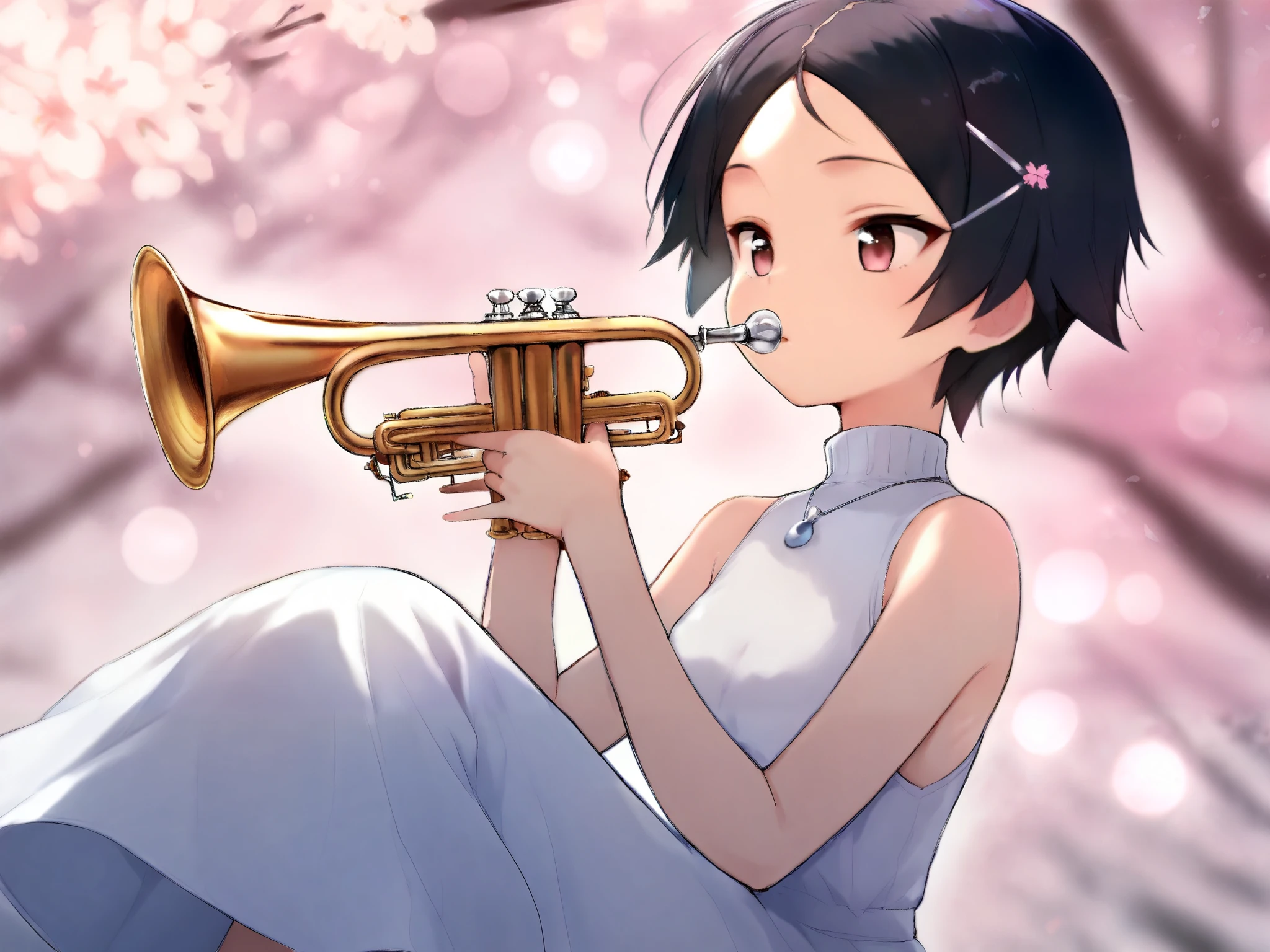 masterpiece, best quality, amazing quality, newest, very aesthetic, rating safe, 1girl, tomboy, parted bangs, hairclip, turtle neck white long dress, sleeveless trumpet, playing trumpet, music note, cherry blossom background, amazing background, bokeh, highres, absurdres