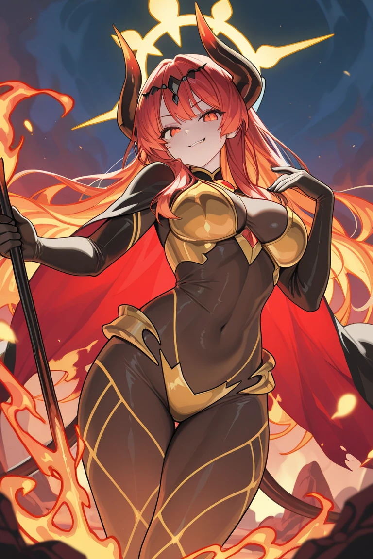 One girl,Fluttering long hair, Combat Ready, Leotard type uniform, (((Ifrit))), Black Mini Skirt,Black thigh-high socks,black elbow gloves,Black long boots,((anatomically correct)), highres, textured skin, 16K
