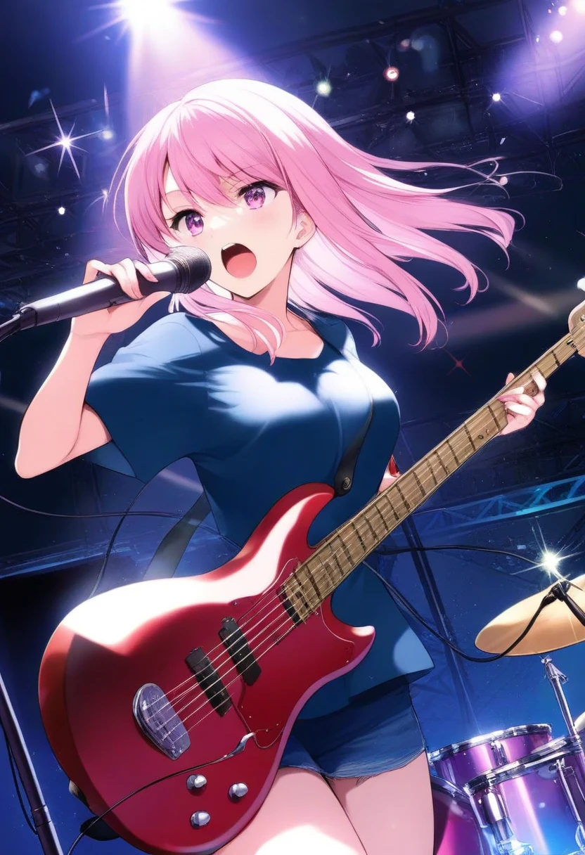 cover page, Illustration, dramatic lighting, masterpiece, top quality, live house illuminated by colorful spotlights, stage, anime girls band, intense play, Perfect Anatomy, vocals play with guitar, bass, drums, Zoom-up of attractive girl, shout at the microphone, dynamic angle, energy, passion, vivid colors and subtlety, motion blur, Effects, Sparkle, backlight,