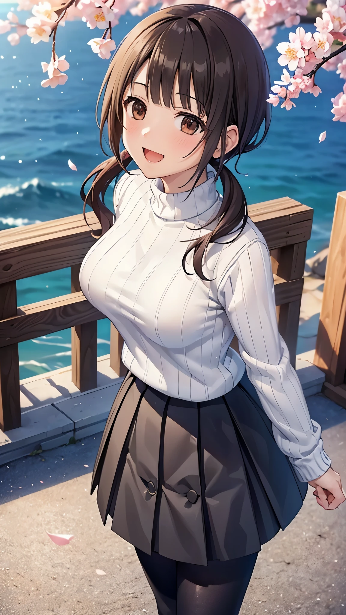 (Top Quality, Greatest Masterpiece ),Okitazawa ,((A story on one side in the middle:1.3)),( ribbed white sweater :1.3),black long skirt,break,black tights, anatomically accurate body on lower body , camera, Highly detailed facial features, beautiful perfect face,(:d:1.3),(( Overhead Shot:1.3)),cherry blossoms,Morning Park,blue sky, camera, Front Angle, red cheeks wearing s:1.3,Cowboy Shooting:1.3,