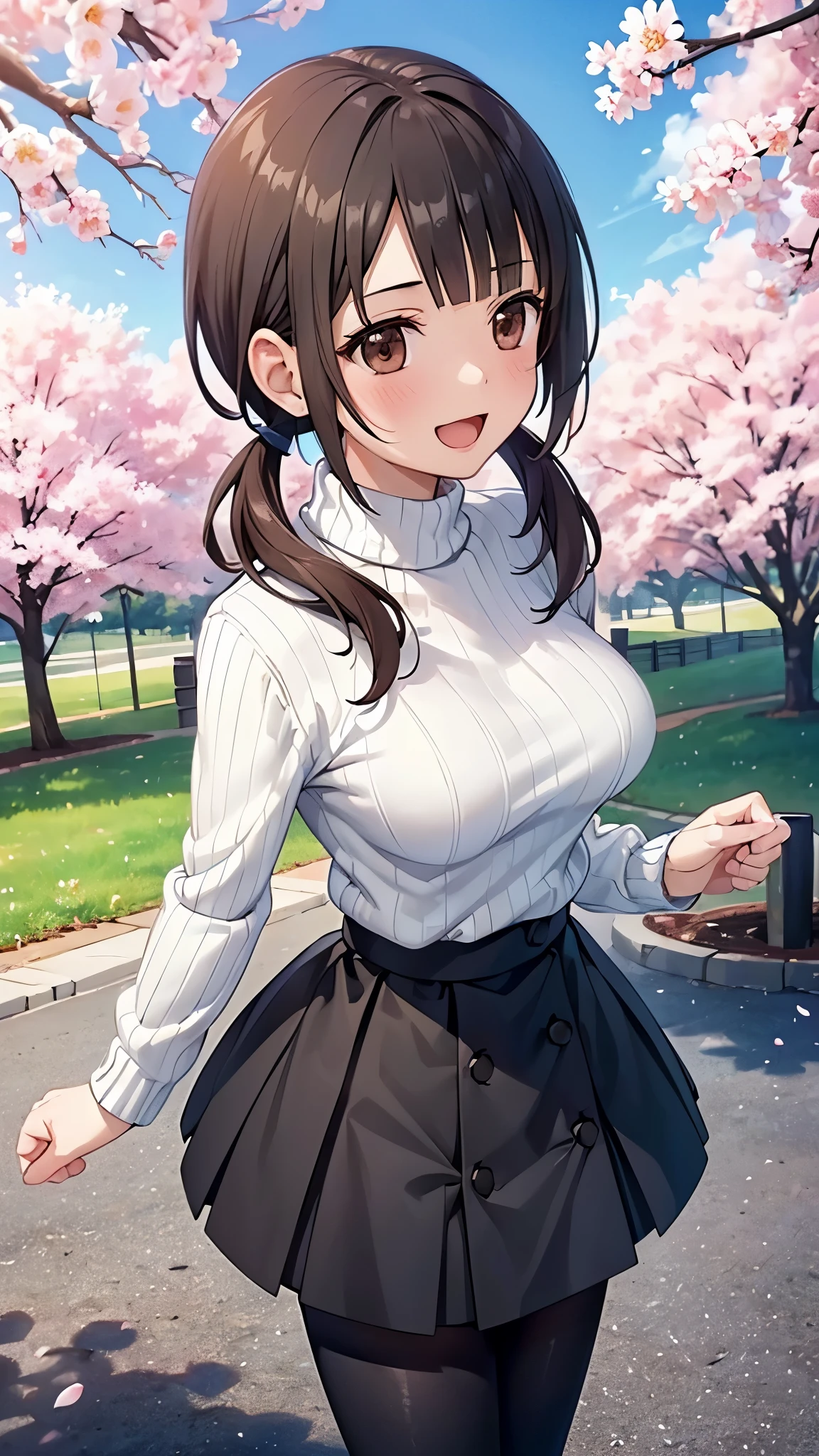 (Top Quality, Greatest Masterpiece ),Okitazawa ,((A story on one side in the middle:1.3)),( ribbed white sweater :1.3),black long skirt,break,black tights, anatomically accurate body on lower body , camera, Highly detailed facial features, beautiful perfect face,(:d:1.3),(( Overhead Shot:1.3)),cherry blossoms,Morning Park,blue sky, camera, Front Angle, red cheeks wearing s:1.3,Cowboy Shooting:1.3,