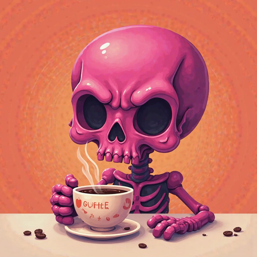 skeleton with a pink beanie drinking coffee from a cup you would get in a to go cup from a coffee shop with a pink lid