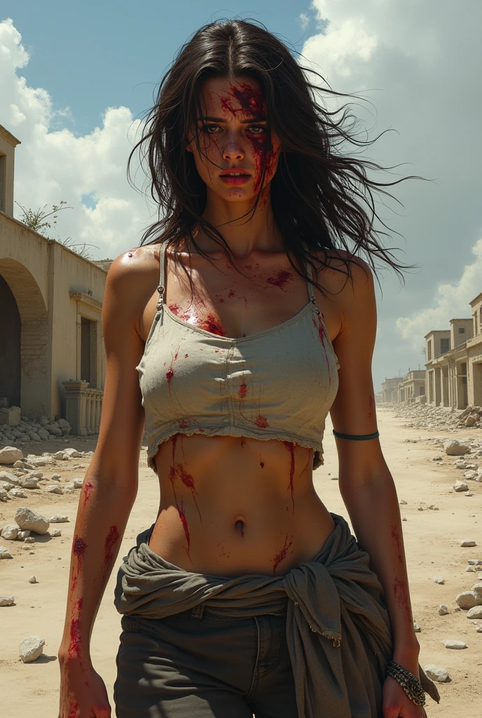 The heroine of the movie "GODZILLA Godzilla". A malay woman in hijab desperately fleeing from Godzilla in a devastated Los Angeles, hijab disheveled, bra stained, mini leggings, short leggings torn, running through rubble. Crumbling buildings, burning flames, white skin, wet skin oil, smooth skin, stunningly beautiful face, detail, photorealistic, 8K.