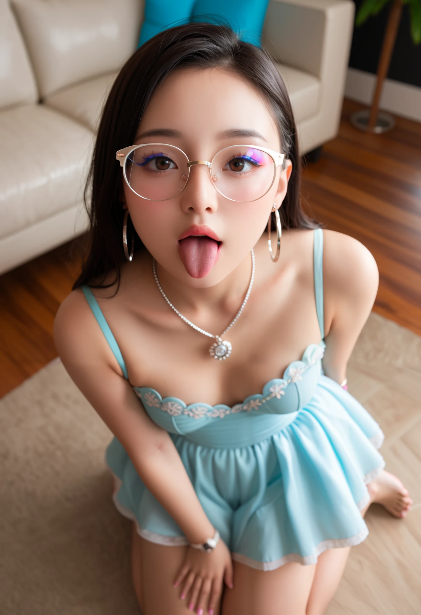 masterpiece, Best Quality, vibrant, very beautiful, High Contrast, Portrait,focus on face,semi-realistic, latest, 1 girl, Alone, Young Adults, 日本人のwoman, 5 foot 1 inch", bright and sweet demeanor, milky white skin, Long Black Hair with Soft Waves, brown eyes, Enthusiastic and Lustful、very beautiful目, Model Level Beauty, slim waist, 印象的でvibrant容姿, Small figures, plump breasts, Chest Valley,slim waist, wide waistband, Thick, Plump Butt , cute and sexy, fitted, close-fitting dress, bare feet, silver hoop earrings, silver necklace, Silver bracelet, Minimal and Simple Makeup, Large round black-rimmed glasses, Very Excited and Enthusiastic Look, rosy cheeks , slightly open lips, Living Room Background、night, kneeling on the floor, night間, Lost. scene: She's Extremely Excited、waiting for my boyfriend kneeling on the floor to satisfy his mouth, blush, character: so cute, sweet, fool, A person who is dumb, and、Not noticing, NSFW pose, Watch Viewers, 0 Cute, stick out your tongue, wide in your pussy , from above, woman.